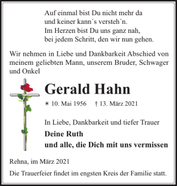 Traueranzeige von Gerald Hahn von Gadebusch-Rehnaer Zeitung