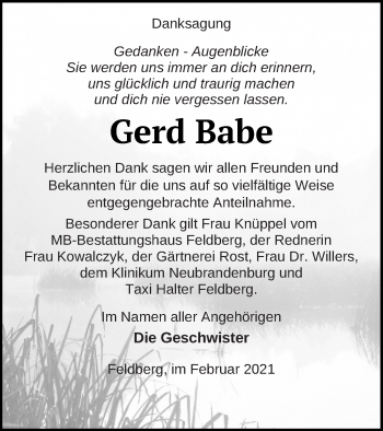 Traueranzeige von Gerd Babe von Strelitzer Zeitung