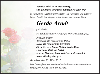 Traueranzeige von Gerda Arndt von Pasewalker Zeitung