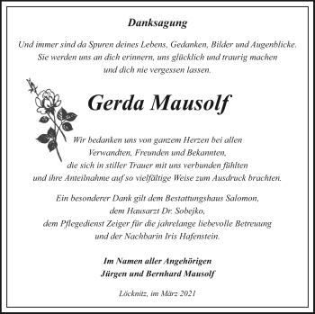 Traueranzeige von Gerda Mausolf von Pasewalker Zeitung