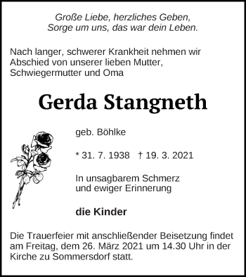 Traueranzeige von Gerda Stangneth von Demminer Zeitung