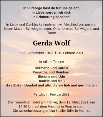 Traueranzeige von Gerda Wolf von Müritz-Zeitung