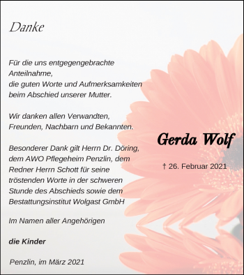 Traueranzeige von Gerda Wolf von Müritz-Zeitung