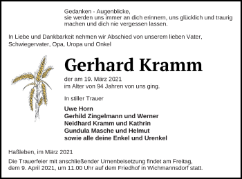 Traueranzeige von Gerhard Kramm von Prenzlauer Zeitung