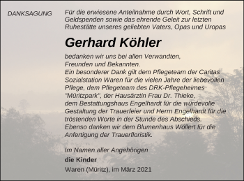 Traueranzeige von Gerhard Köhler von Müritz-Zeitung