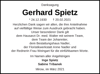 Traueranzeige von Gerhard Spietz von Strelitzer Zeitung