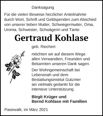 Traueranzeige von Gertraud Kohlase von Haff-Zeitung