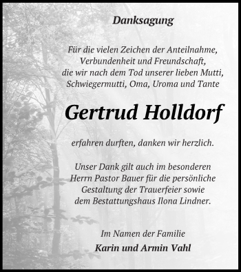 Traueranzeige von Gertrud Holldorf von Neubrandenburger Zeitung