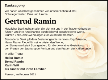 Traueranzeige von Gertrud Ramin von Pasewalker Zeitung