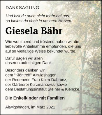 Traueranzeige von Giesela Bähr von Haff-Zeitung