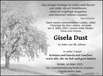 Traueranzeige von Gisela Dust von Neubrandenburger Zeitung