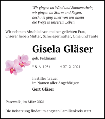 Traueranzeige von Gisela Gläser von Pasewalker Zeitung