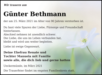 Traueranzeige von Günter Bethmann von Haff-Zeitung