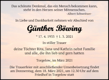 Traueranzeige von Günther Böwing von Haff-Zeitung