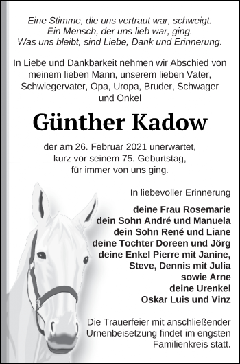 Traueranzeige von Günther Kadow von Vorpommern Kurier