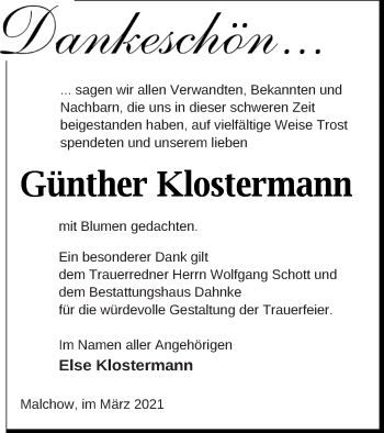 Traueranzeige von Günther Klostermann von Müritz-Zeitung