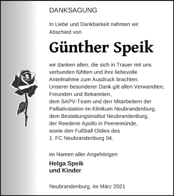 Traueranzeige von Günther Speik von Neubrandenburger Zeitung