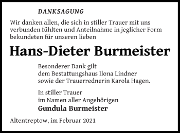 Traueranzeige von Hans-Dieter Burmeister von Neubrandenburger Zeitung