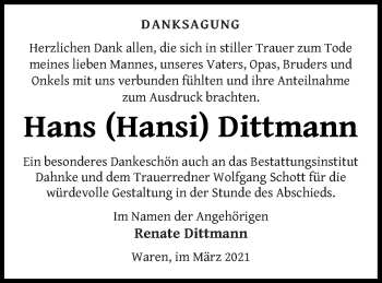 Traueranzeige von Hans  Dittmann von Müritz-Zeitung