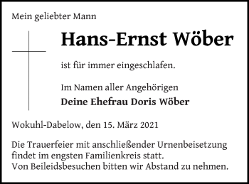 Traueranzeige von Hans-Ernst Wöber von Strelitzer Zeitung