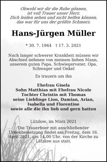 Traueranzeige von Hans-Jürgen Müller von Prenzlauer Zeitung