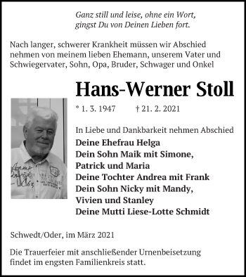 Traueranzeige von Hans-Werner Stoll von Müritz-Zeitung