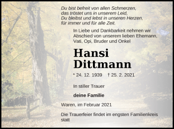 Traueranzeige von Hansi Dittmann von Müritz-Zeitung