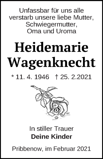 Traueranzeige von Heidemarie Wagenknecht von Mecklenburger Schweiz