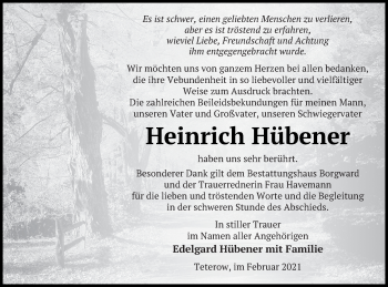 Traueranzeige von Heinrich Hübener von Mecklenburger Schweiz