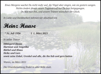 Traueranzeige von Heinz Haase von Müritz-Zeitung