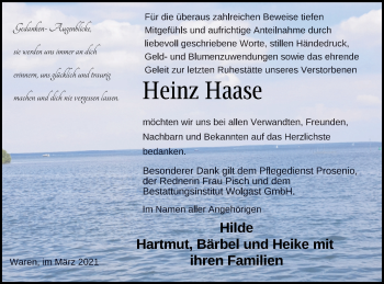 Traueranzeige von Heinz Haase von Müritz-Zeitung