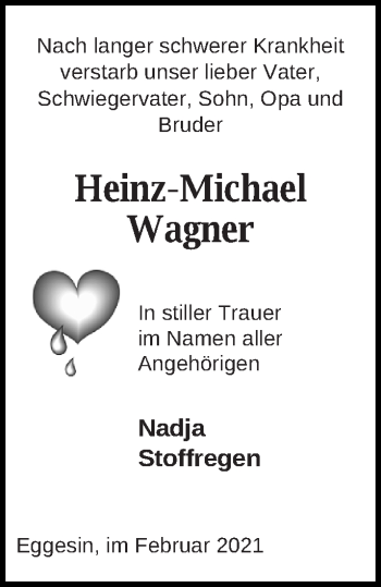 Traueranzeige von Heinz-Michael Wagner von Haff-Zeitung