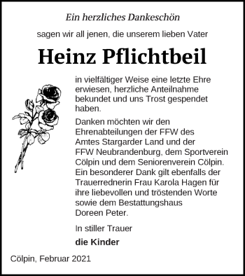 Traueranzeige von Heinz Pflichtbeil von Vorpommern Kurier