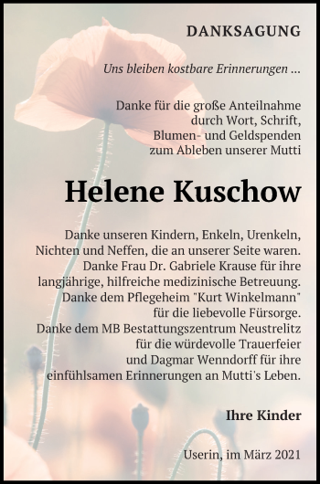 Traueranzeige von Helene Kuschow von Strelitzer Zeitung