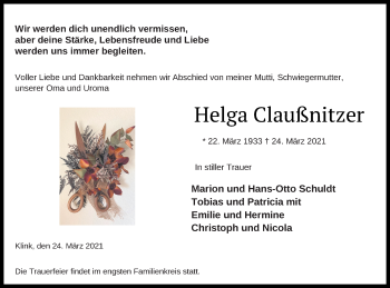 Traueranzeige von Helga Claußnitzer von Müritz-Zeitung