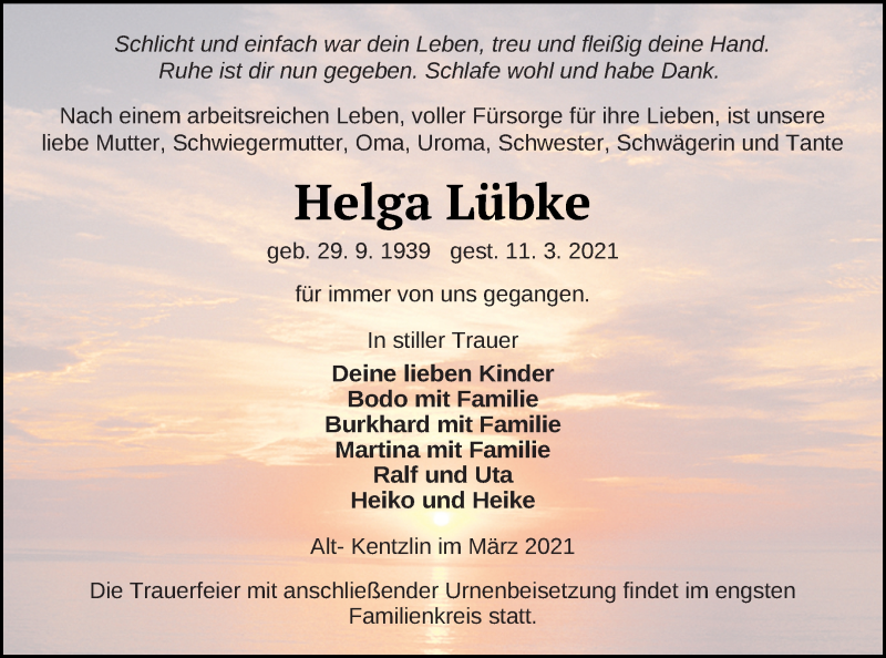  Traueranzeige für Helga Lübke vom 19.03.2021 aus Demminer Zeitung