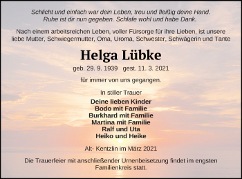 Traueranzeige von Helga Lübke von Demminer Zeitung