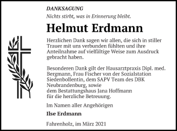 Traueranzeige von Helmut Erdmann von Vorpommern Kurier