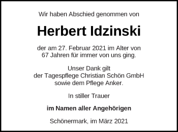 Traueranzeige von Herbert Idzinski von Prenzlauer Zeitung