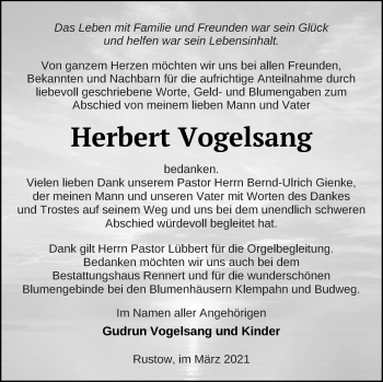 Traueranzeige von Herbert Vogelsang von Vorpommern Kurier