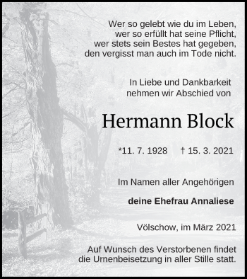 Traueranzeige von Hermann Block von Vorpommern Kurier