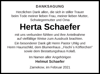 Traueranzeige von Herta Schaefer von Mecklenburger Schweiz