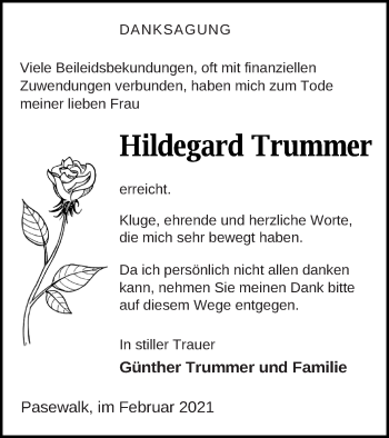 Traueranzeige von Hildegard Trummer von Pasewalker Zeitung