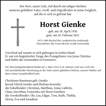 Traueranzeige von Horst Gienke von Vorpommern Kurier