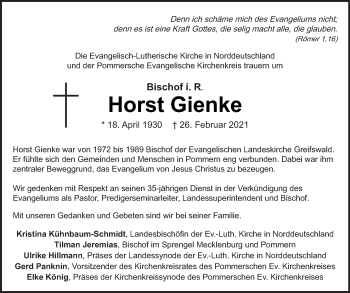 Traueranzeige von Horst Gienke von Demminer Zeitung