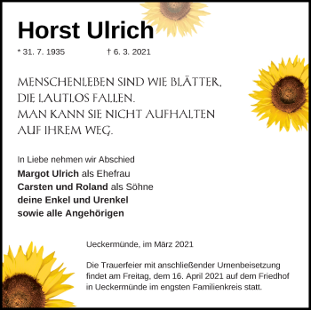 Traueranzeige von Horst Ulrich von Haff-Zeitung