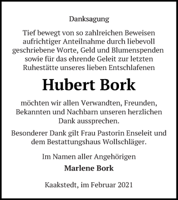 Traueranzeige von Hubert Bork von Prenzlauer Zeitung