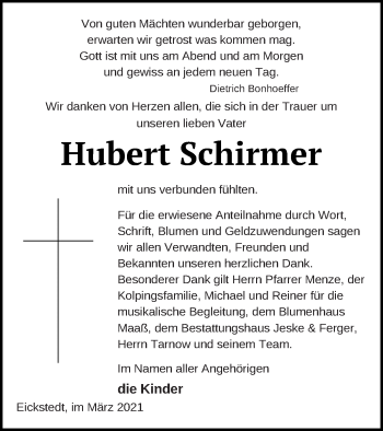 Traueranzeige von Hubert Schirmer von Prenzlauer Zeitung