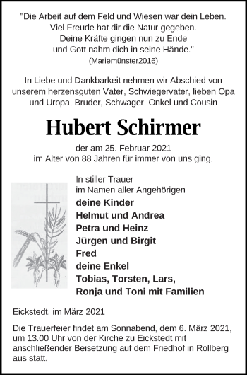 Traueranzeige von Hubert Schirmer von Prenzlauer Zeitung