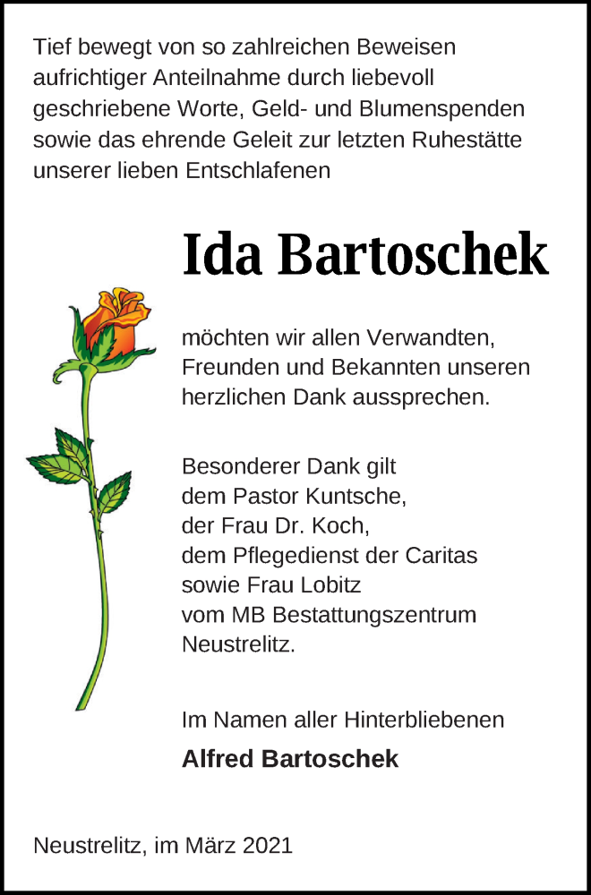  Traueranzeige für Ida Bartoschek vom 11.03.2021 aus Strelitzer Zeitung